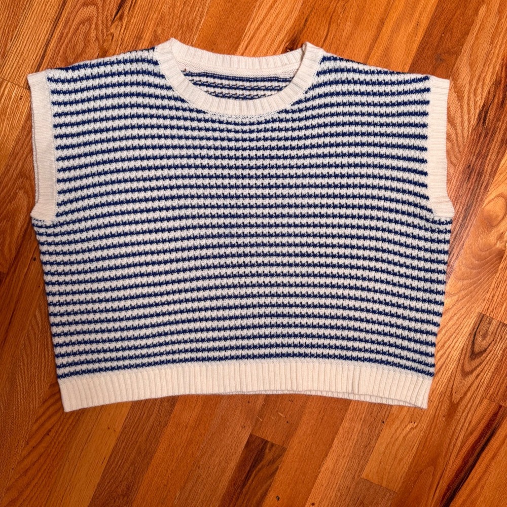 Knit Mix Women Blue White Striped Sweater Vest Sleeveless Crew Neck Small